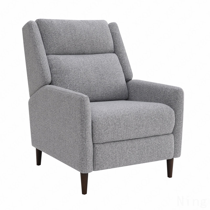 Gray Mid-Century Modern Pushback Recliner - Leathered Upholstery, Tapered Legs, Channel Detail, Gray