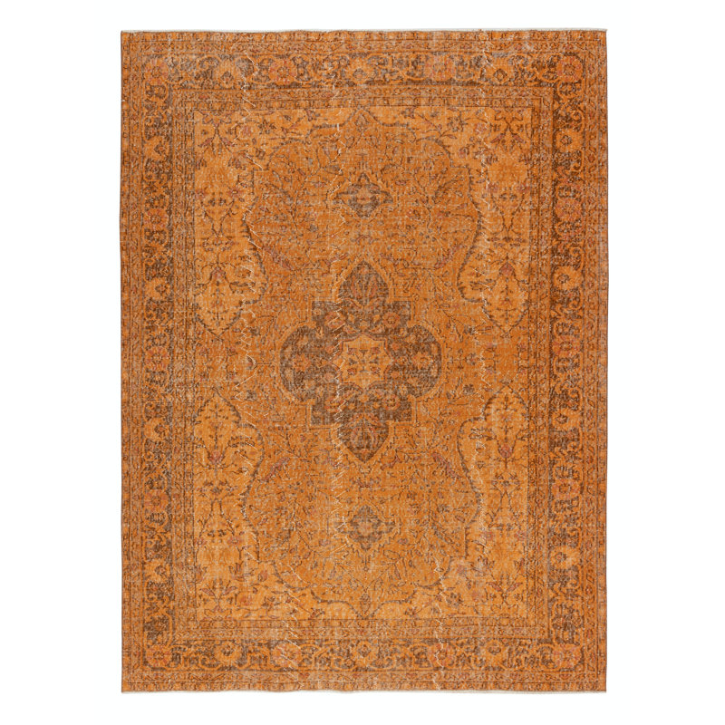Tapis turc en laine fait à la main 7 x 9,4 pi. Tapis orange rétro pour maison moderne
