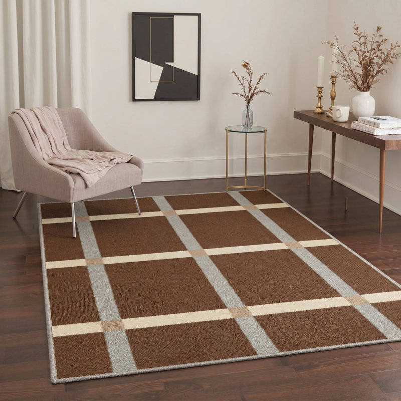 Liadan Novus Modern Plaid Machine Washable Beige / Brown Indoor Area Rug with Non-Slip Backing, Rectangle 9' x 12'