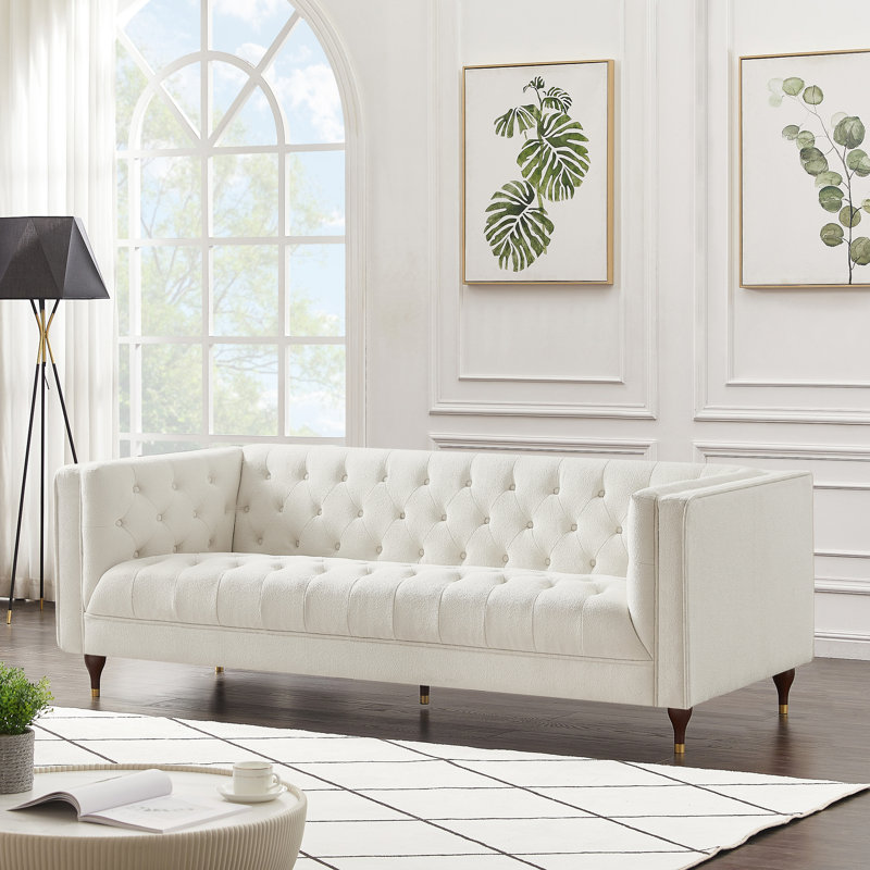 Emerson 84" Mid Century Modern Style Chesterfield Sofa Couch for Living Room, Beige Boucle