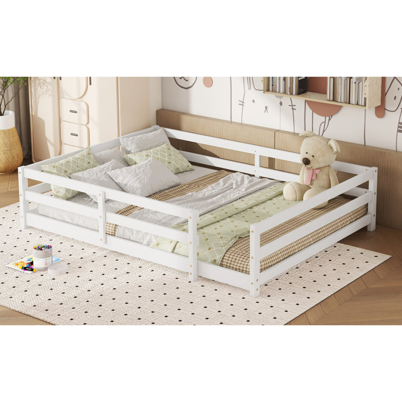 Full Size Floor Bed, Montessori Floor Bed With Fence, Kids Montessori Bed Full Size, Wood Montessori Floor Bed For Kids, Girls, Boys, White.