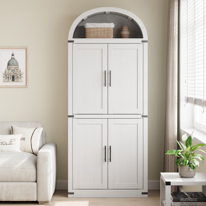 71.6'' Tall Arched Pantry Cabinet with Doors, Farmhouse Storage Cabinet with Shelf, 5 Tier Freestanding Bookcase for Kitchen Dining Room Living Room, Black