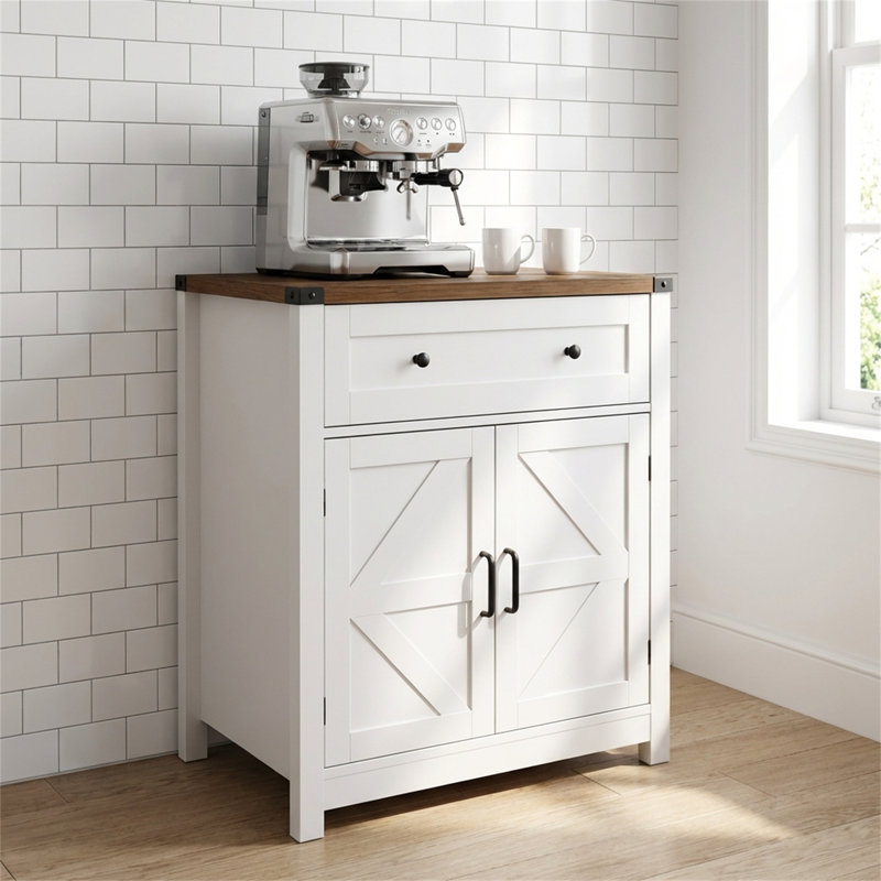 White & Wood-Grain Farmhouse Barn-Door Storage Cabinet，Coffee Bar Sideboard with Drawer for Kitchen & Living Room, White/Oak