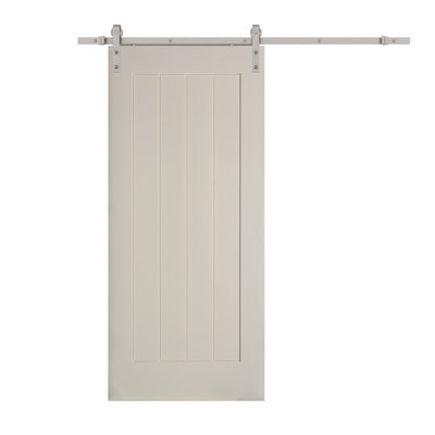 Porte de grange intérieure rainurée en V à 1 panneau avec rail et quincaillerie apprêtée