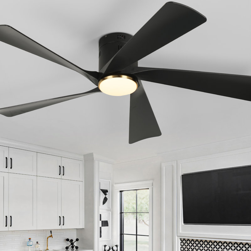 Ventilateur de plafond moderne 52 po avec lumière et télécommande Karlena, Noir mat