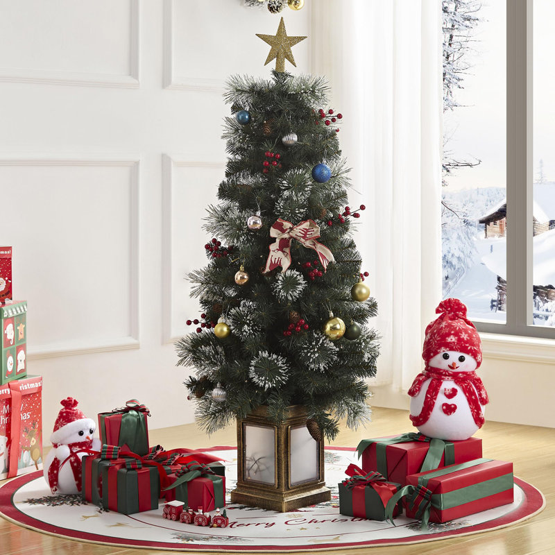 Arbre de Noël artificiel Premium 4 pi avec base creuse, mini sapin de Noël pré-éclairé avec 8 modes de lumières DEL pour la décoration de Noël (2, pin vert et neige blanche)