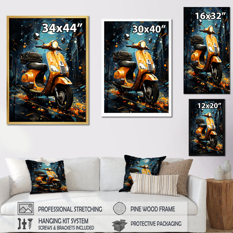 Impression sur toile Urban Nightly Scooter Vibes I, Cadre simple noir, H 44 po x l 34 po x P 1,5 po