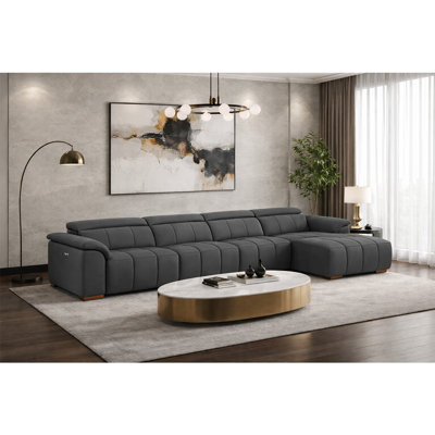 113" L-Shaped Reclining Sofa Couch With Chaise, Modern Genuine Leather Sectional,Electric Control Sofa Couch With Headrest & Footrest