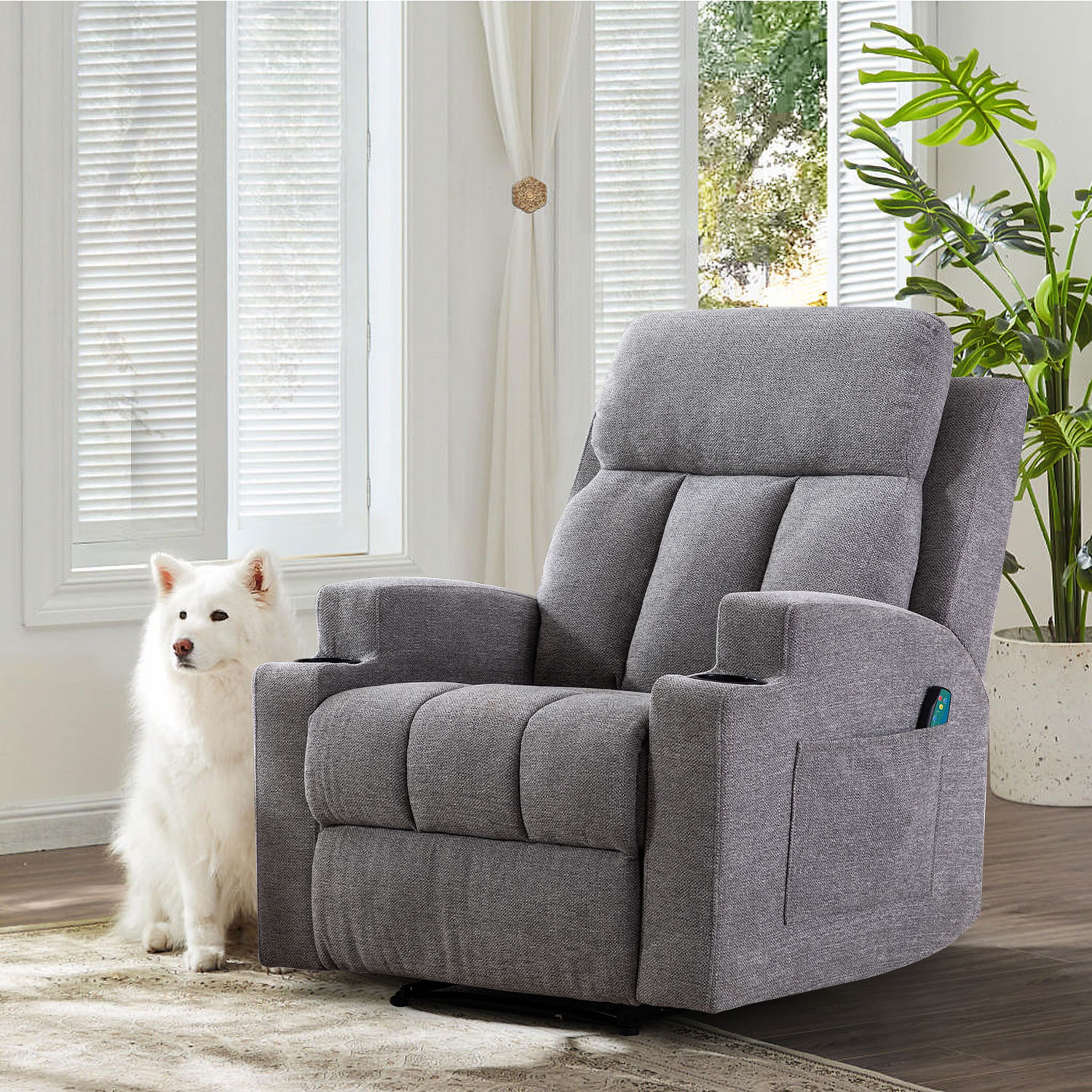 Myria Upholstered Manual Recliner Chair Furry Friend Friendly Fabric Massage Heating and Cup Holder Red Barrel Studio Upholstery Color: Gray