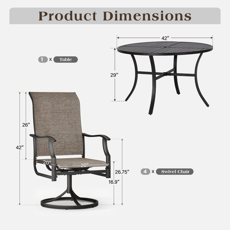 5pcs Rectangle Outdoor Patio Dining Set Heavy Duty Round Metal Table With Sling Chairs