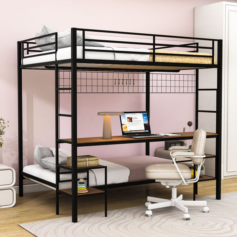 Lit double superposé double au-dessus d'un lit double avec bureau, station de charge et tablettes, Noir / chêne cannelle