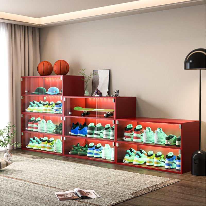 Boîte à chaussures à DEL rouge - peut contenir 6 espadrilles de 18,5 po Largeur du colis, armoire de rangement d'éclairage autoportante et intégrée avec pour espadrilles, portes en verre de 1/4 po d'épaisseur, paires, empilables, bande à DEL contrôlée par, 1-2