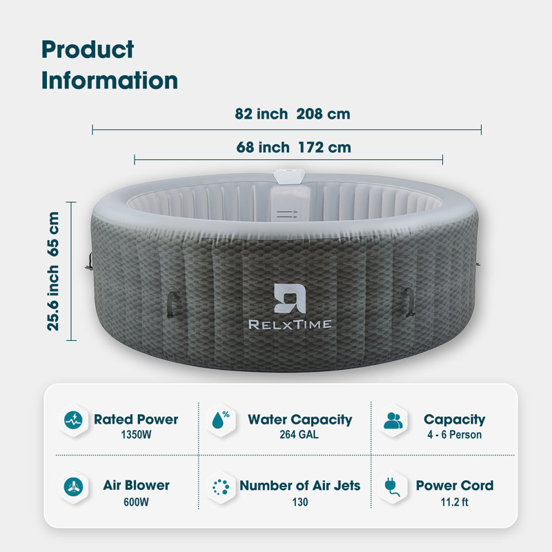 4-6 Person Round Outdoor Spa Portable Inflatable Tub With Control Panel, 130 Soothing Bubble Jets With Heater Pump, Filter Cartridge, Grey