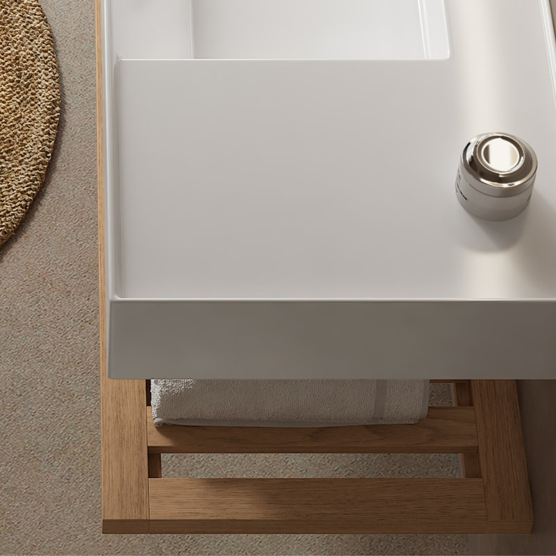 Lede 30" Bathroom Vanity , Wall-mounted Floating White Rectangular Engineered Stone Basin Without Faucet, Striped Shelves Layer, Nature Oak