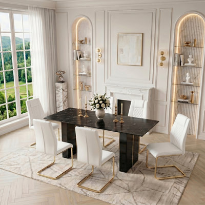 6-Person Modern Dining Table Set With PU Leather Chairs