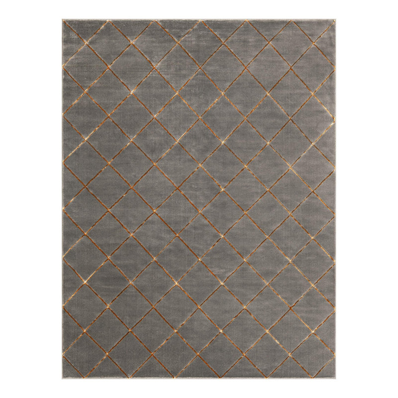 Tapis à carreaux gris et or Latitude Run® Novica, Rectangle 7 pi 10 po x 10 pi
