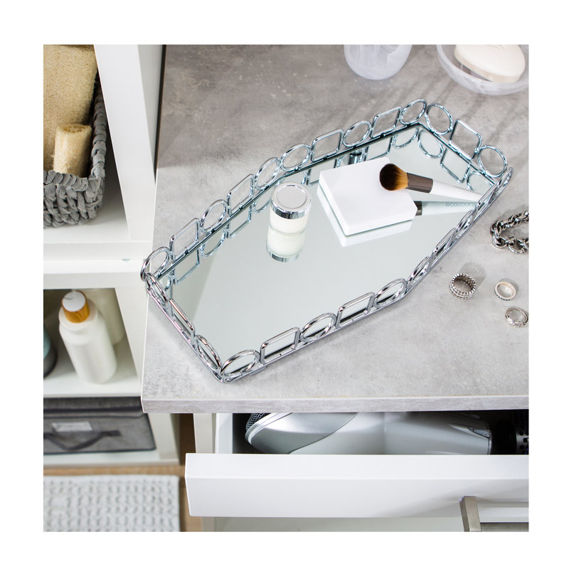 Chrome Geometric Mirror Vanity Tray with Steel Frame
