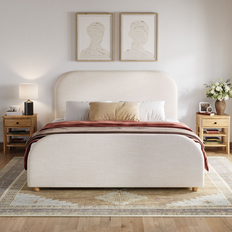 Lit plateforme avec tête de lit tapissier en mélange de lin incurvé et pieds en bois massif, Grand lit, Beige