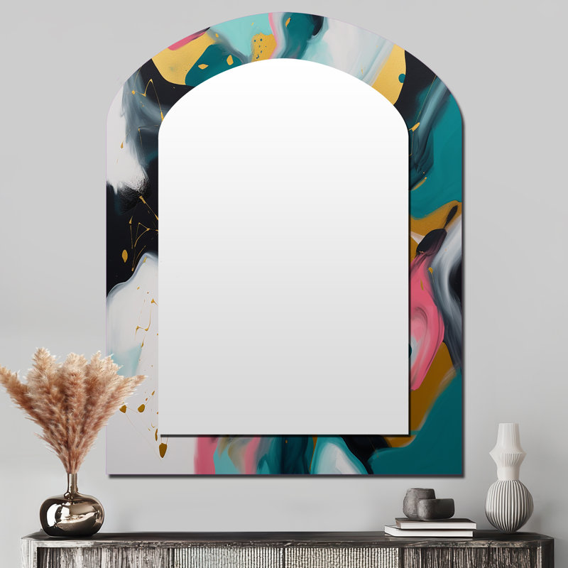 Turquoise and Pink Abstract Serenity I - Abstract Asymmetrical Large Wall Mirror, Turquoise Freeform Decorative Mirror, Printed Metal Art