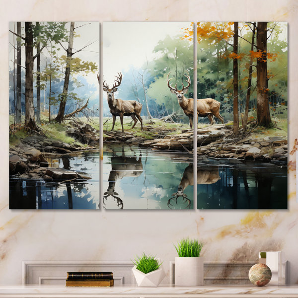 Millwood Pines Deer Majestic Reflections On Canvas 3 Pieces Print | Wayfair
