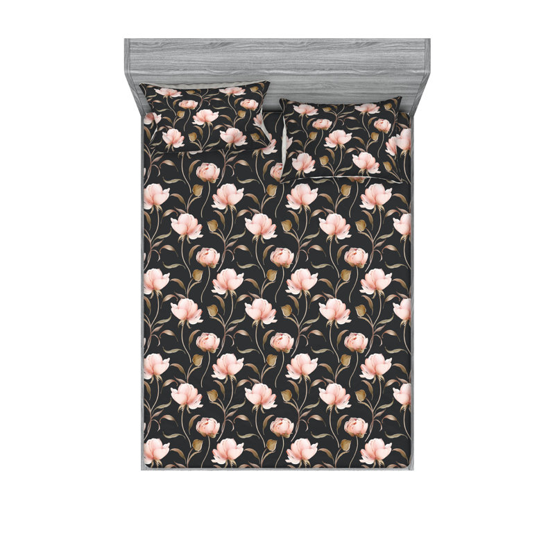 Ambesonne Fitted Sheet & Shams, King Sheet Set with 2 Pillowcases, Dark Gray/Blush/Umber Floral