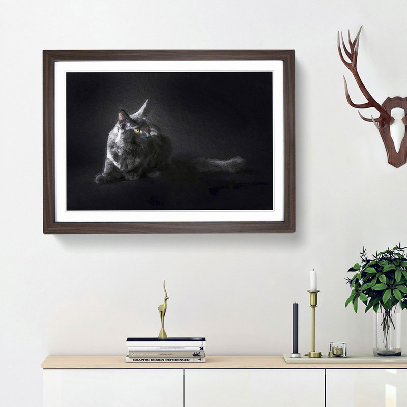 Maine Coon Kitten - Picture Frame Painting Print on MDF, Walnut Framed, 27cm H x 36cm W x 2cm D