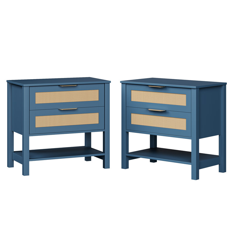 Rattan 2-Drawer End Table Set Of 2, Lake Green