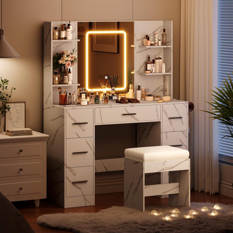 Vanity Desk  Vanity Table With 7 Drawers And 6 Storage Shelves, With Mirror  Stool Dressing Table Marbled White