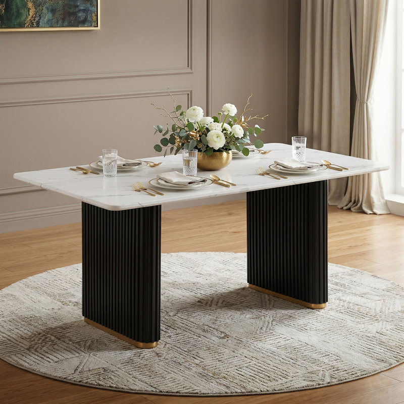 Kirtin Rectangular Dining Table With Trestle Reeded Metal Base