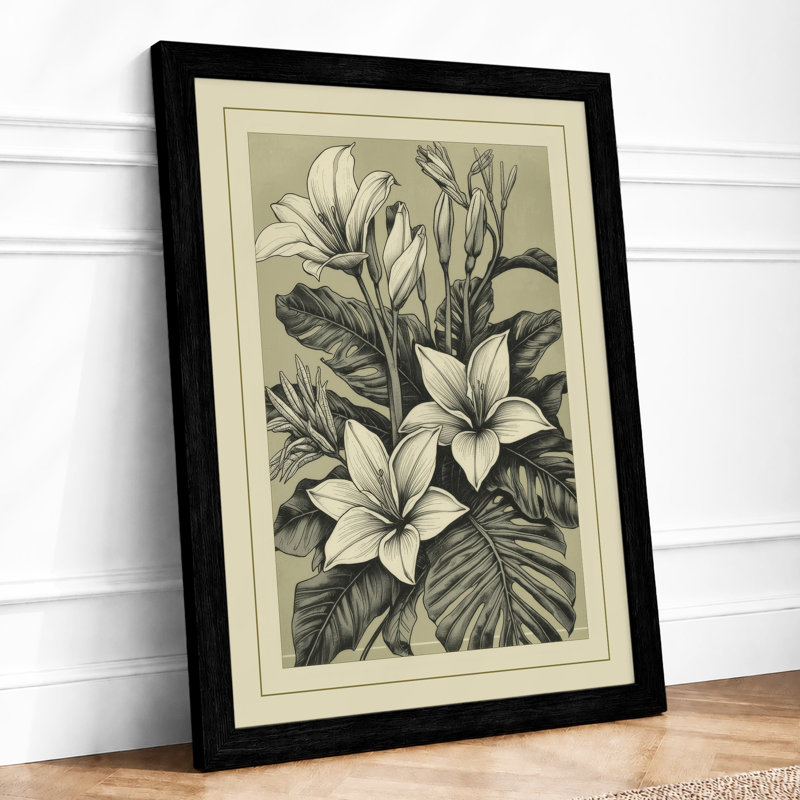 White Lilies Study Botanical - Framed Print, A2 - 59.4 x 42.0 cm, Black