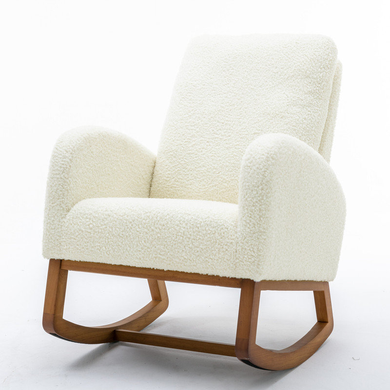White Teddy Upholstered Wood Rocking Chair with Side Pocket
