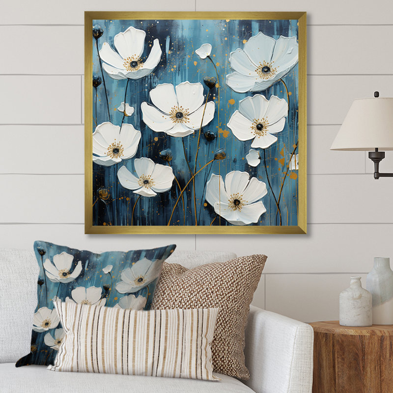 «White and Blue Buttercups Minimalisme II», reproduction sur toile, H 16 po x l 16 po x P 1 po, Cadre doré simple