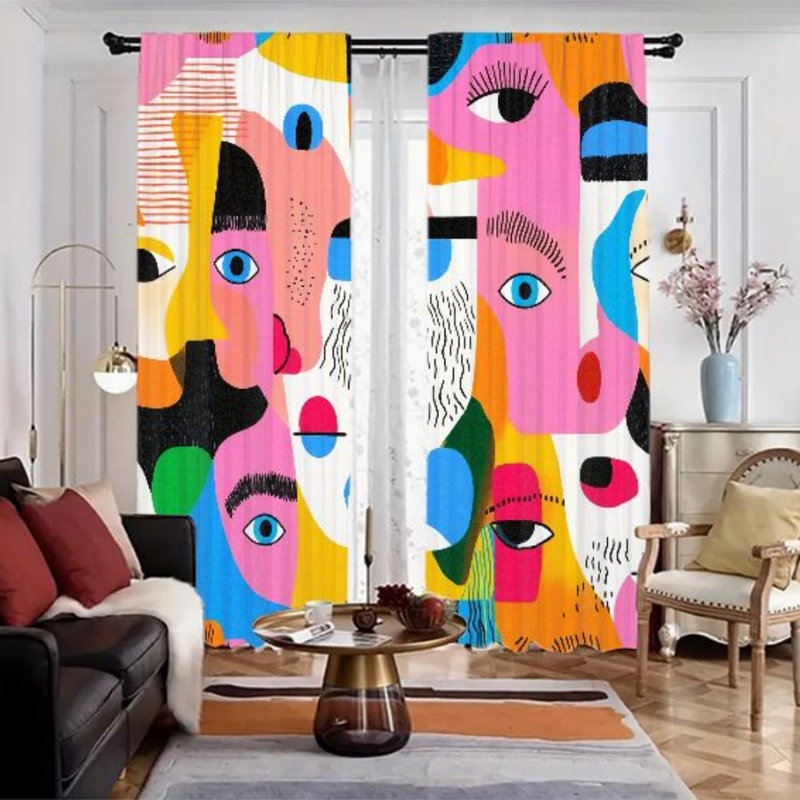 2Pcs Abstract Graffiti Face Curtains, Colorful Artistic Pattern Modern Farmhouse Rod Pocket Window Drapes, Room Decor Privacy Panels For Living Bedroom Kitchen, Treatment Accessories
