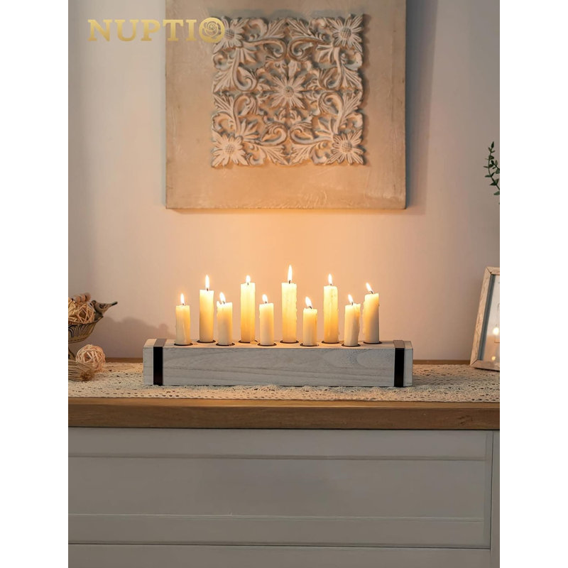 Farmhouse Wooden Candelabra Set Of 2, Rustic Taper Candle Holders For Fireplace Table And Wedding Centerpiece Decor, Natural Wood And Metal Cup Design