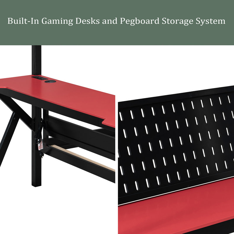 Bunk Bed With Two Built-In Gaming Desks, USB Desktop Ports & Pegboard Organizer, Gaming Bunk Frame For Gamer, Red