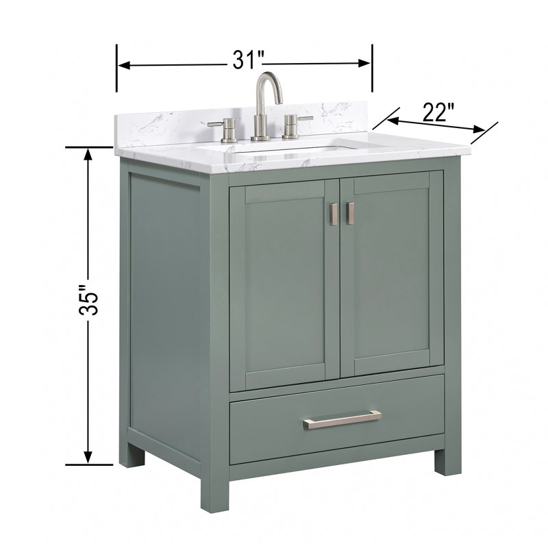 Modero 30" Single Bathroom Vanity with Top, Cala White Marble, Brushed Nickel, Smoke Green