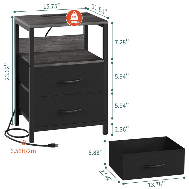 Nightstand with Charging Station, Charcoal Gray/Black