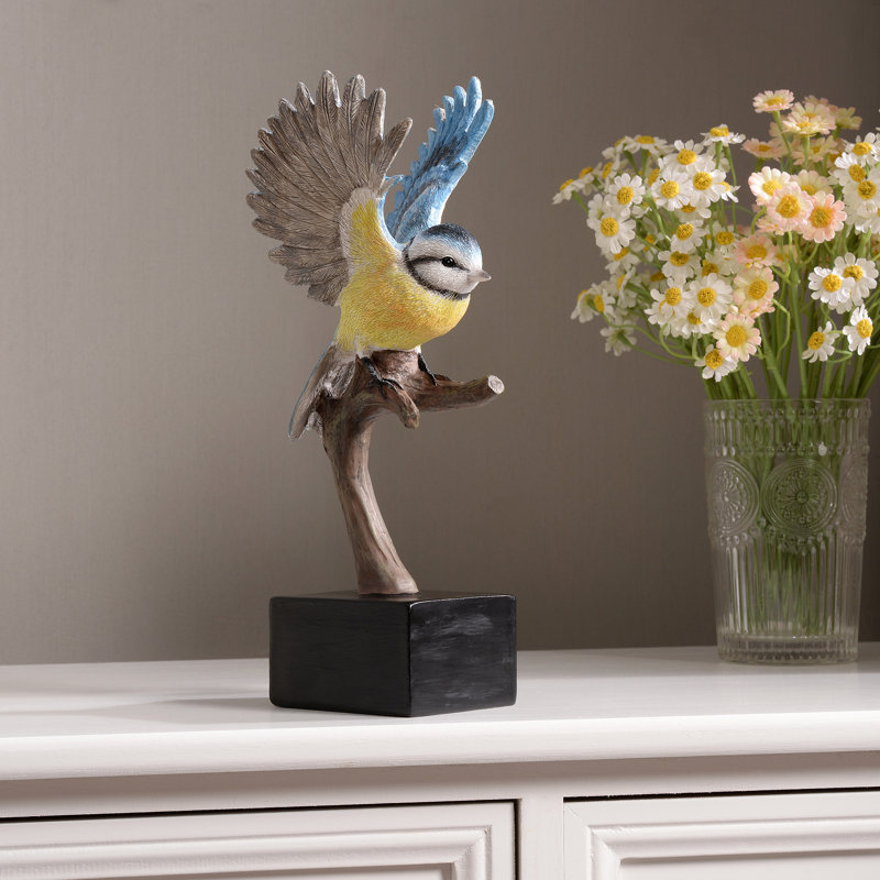 Blue Tit On Branch Lifelike Resin Bird Home Tabletop Decor