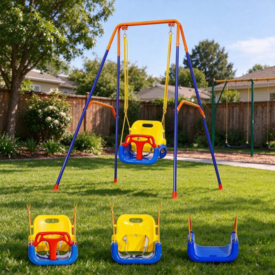 Ensemble de balançoire pour tout-petit convertible 3 en 1, support en A pliable en métal avec 4 sacs de sable, siège de balançoire en plastique réglable en corde, jeu de balançoire pour bébé intérieur et extérieur