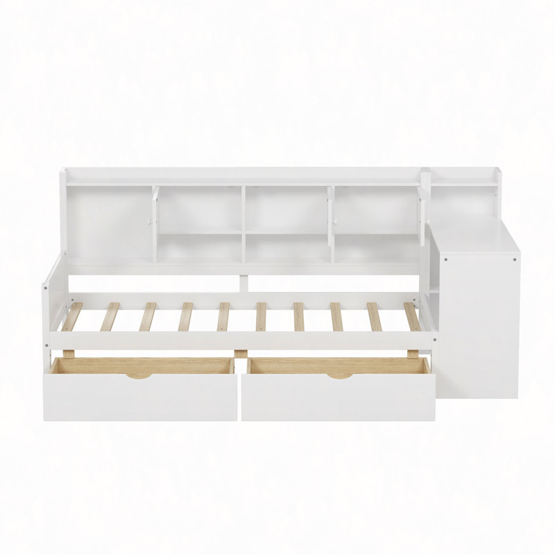 Lit de jour en L en bois avec sept armoires de rangement et deux tiroirs de rangement, lit multifonctionnel avec bureau d'étude et bibliothèque intégrée