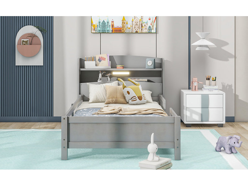 Lit plateforme en bois avec éclairage à DEL intégré, tête de lit avec rangement et garde-corps, Simple, Gris antique