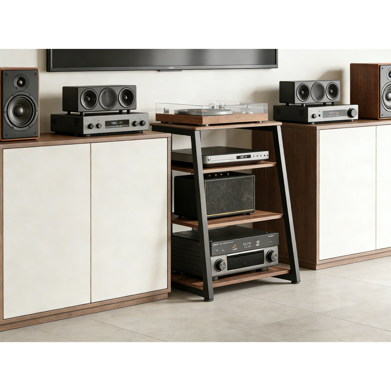 4-Tier AV Media Stand Corner Shelf, Wooden, Adjustable Shelves, For Record Player, PS4, Walnut