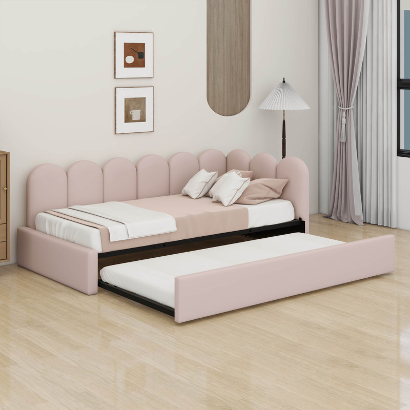 Lit de jour simple rembourré avec lit escamotable en dessous, lit de jour simple avec lit gigogne escamotable, lit de jour avec tête de lit souple et structure à lattes en métal pour la chambre à coucher