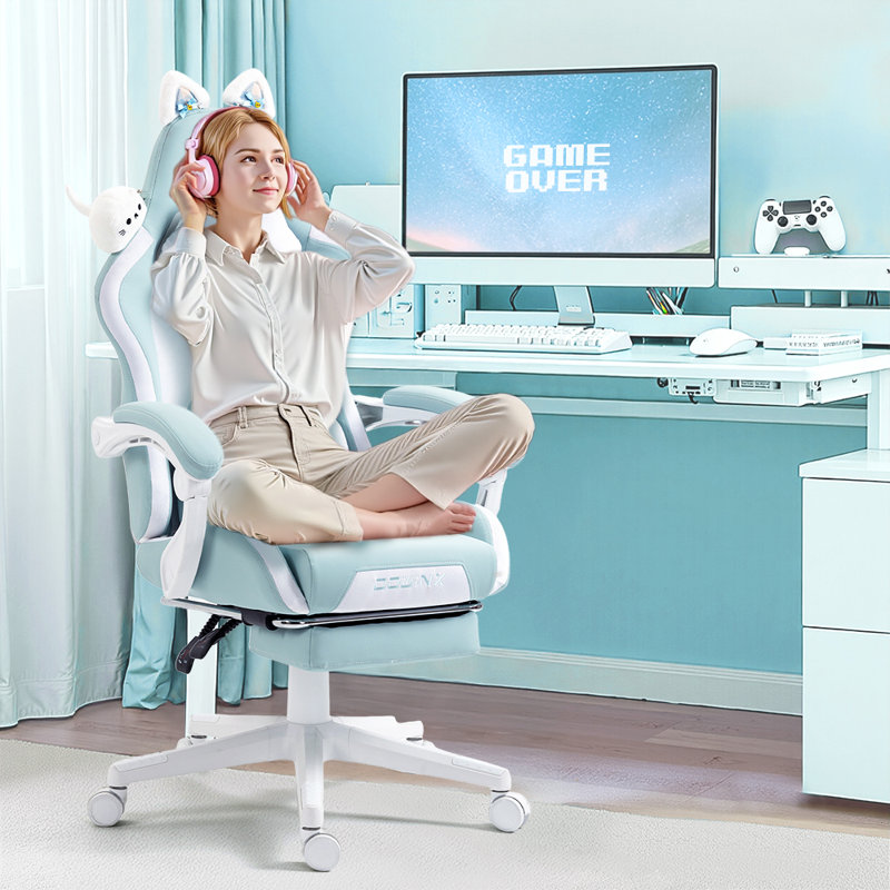 Adjustable Reclining Ergonomic Leather Swiveling PC & Racing Game Chair with Footrest, Aqua/White