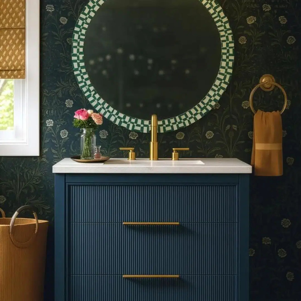 Bathroom sink with a blue cabinet and a green-and-white checkered mirror