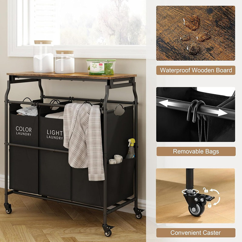 3 Section Laundry Sorter Cart With Ironing Board, Laund...
