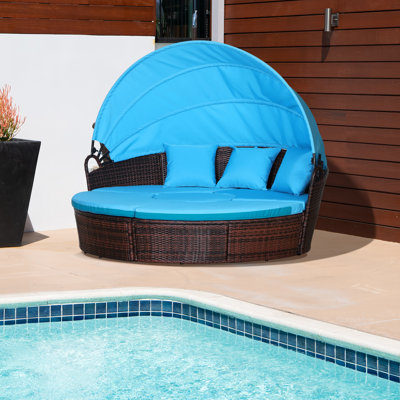 Wicker Patio Daybed with Cushions, Outdoor Round Daybed, Patio Sectional Sofa, All-Weather Rattan Seating Set for Backyard Poolside Garden, Blue