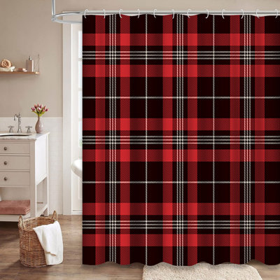 Tartan Black Red Plaid Trendy Shower Curtain with 12 Hooks