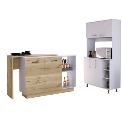 Dorchester 6-Shelf 6-Door 2-Piece Kitchen Set, Kitchen Island And Pantry Cabinet White And Light Oak