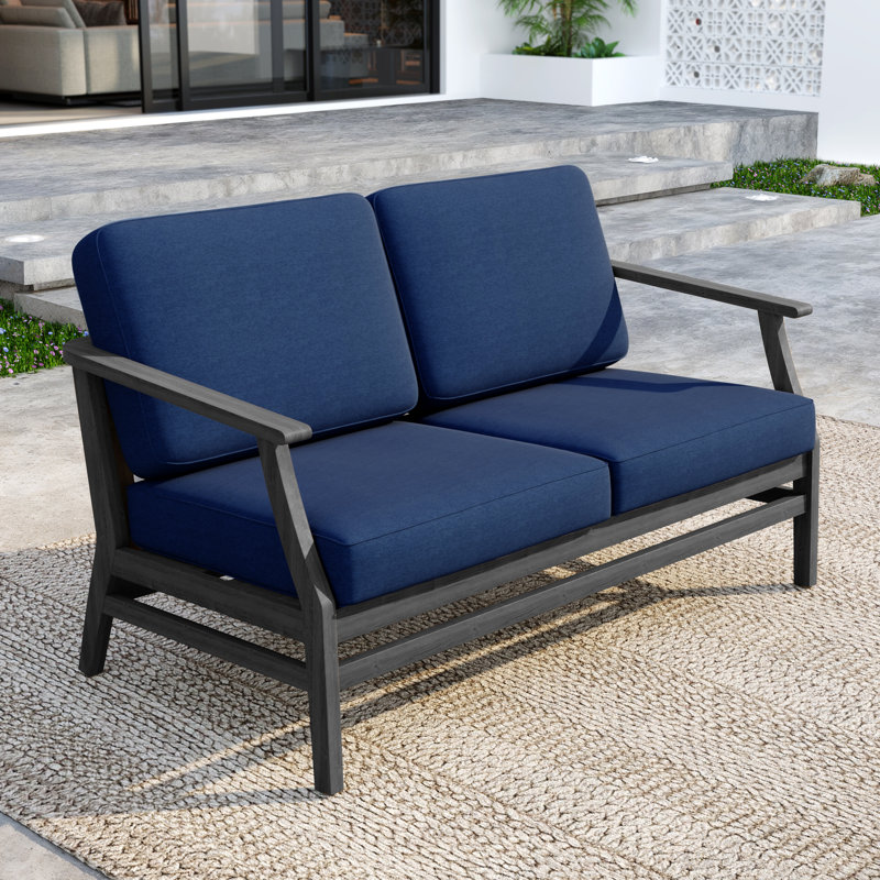 Clinkscales Solid Wood Teak Outdoor Loveseat With Cushion And Arms, Navy, Black